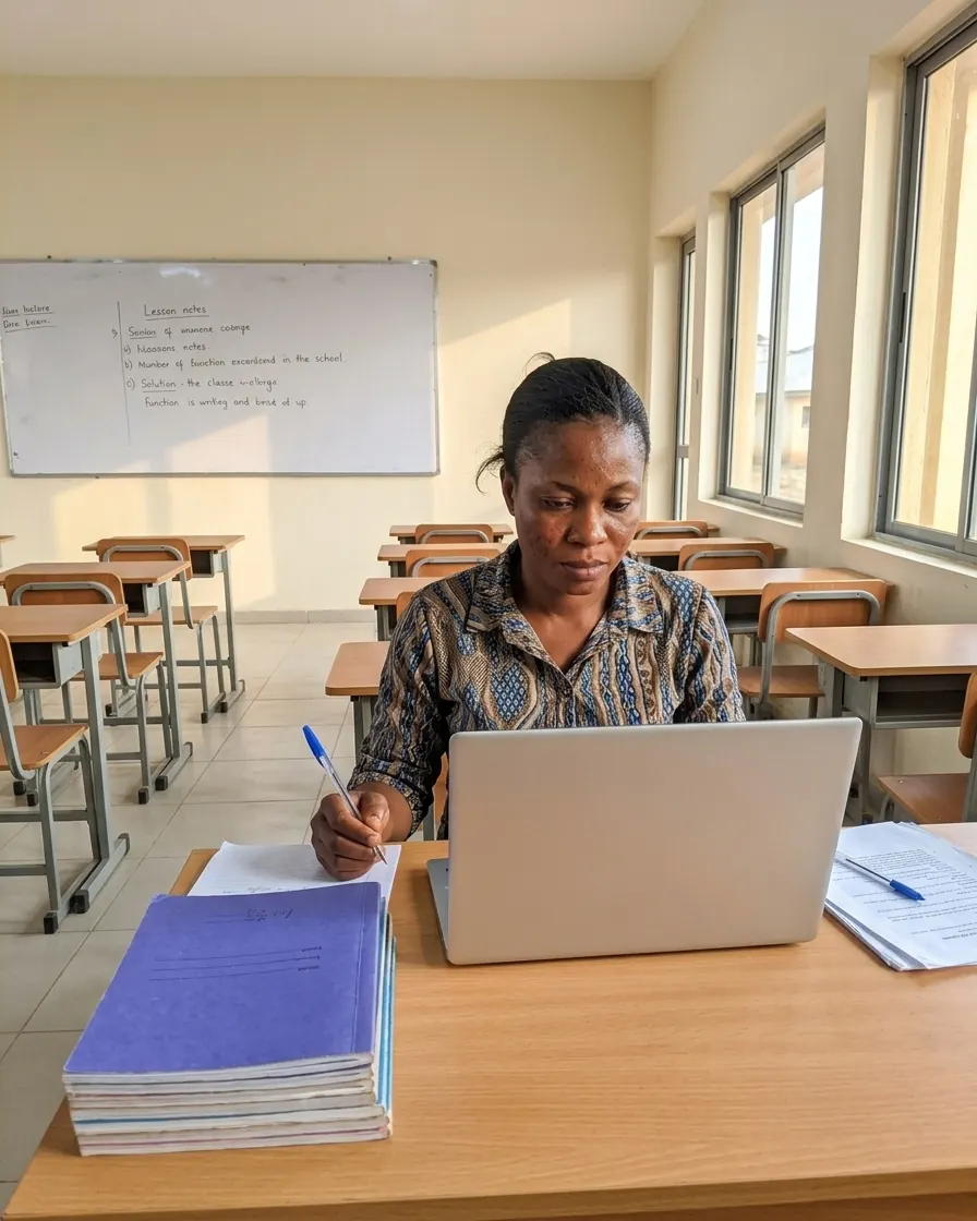 A teacher reviewing results on her laptop after class